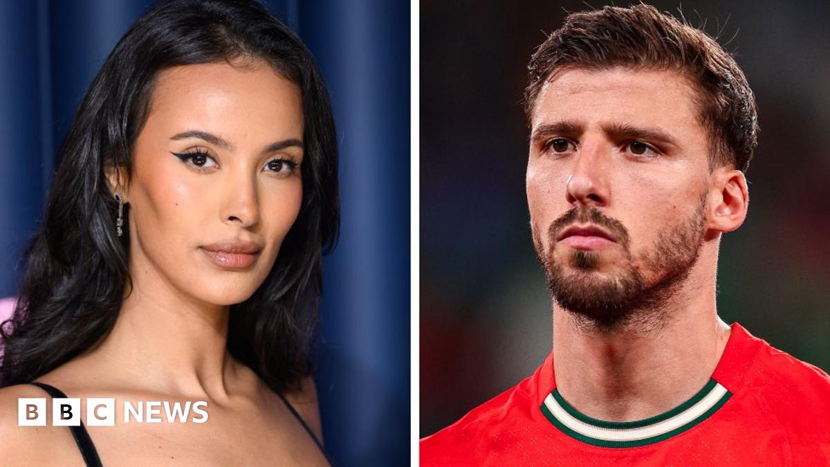 A composite image showing Maya Jama (left) wearing a black dress, and Ruben Dias (right) wearing a red football shirt