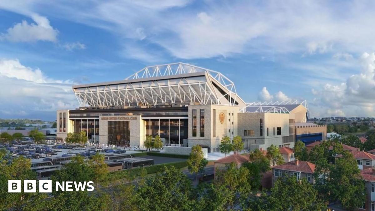 A computer-generated image shows the proposed Elland Road redevelopments.  The West Stand is visible in the image, made up of white and grey bricks, with the club's crest emblazoned in gold on the side.