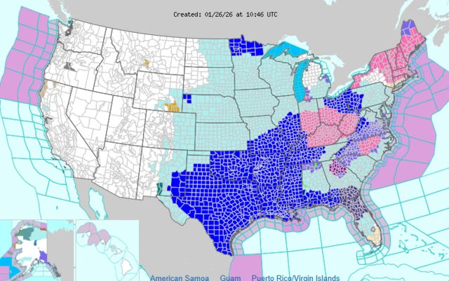 Extreme cold warnings (dark blue) cover much of Texas and the south-east US, while "winter storm" warnings (pink) are in place further north