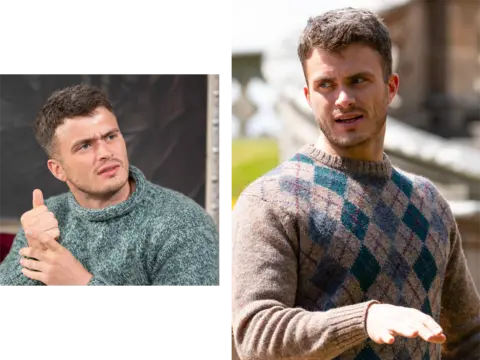 Two photos of Matthew wearing knitwear