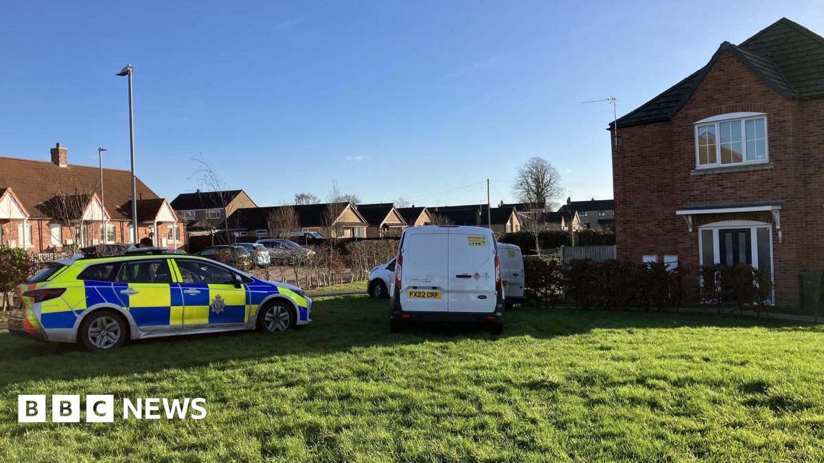 A police car and other vehicles sit on the lawn of a brick house. It is a bright and sunny day.