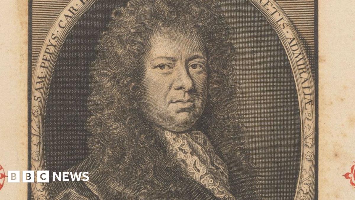 A black and white drawing of 17th Century diarist Samuel Pepys wearing a wig of long dark curling hair, a white neck cloth or shirt and black jacket.