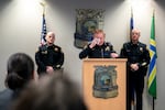 Portland Police Chief Bob Day gets emotional during a press conference addressing the Northeast Portland shooting that occurred the day prior in Portland, Ore. on Friday, Jan. 9, 2026.