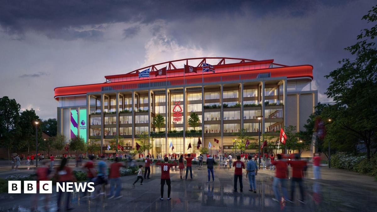 A visual of the City Ground under new plans. There is a glass exterior and a club badge on the ground with visualised images of people wearing red standing outside the ground.