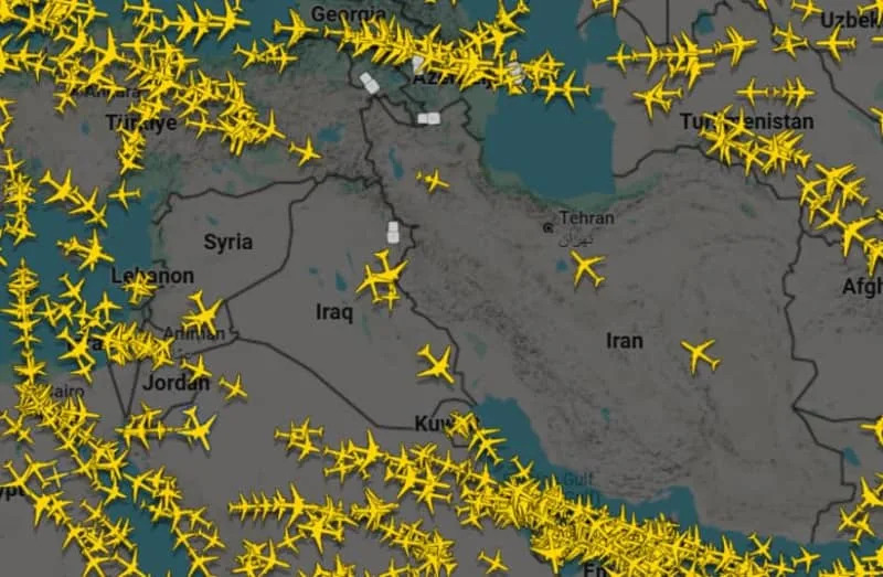 A screengrab from Flightradar24.com shows airspace over Iran and Iraq emptying of aircraft, January 15, 2025 (credit: SCREENSHOT/FLIGHTRADAR24.COM)