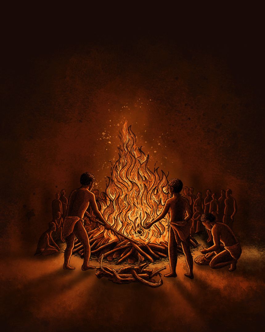 An illustration depicts hunter-gatherers tending to the cremation pyre.