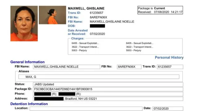 Screenshot of a Joint Automated Booking System entry page for suspected offender Ghislaine Maxwell
