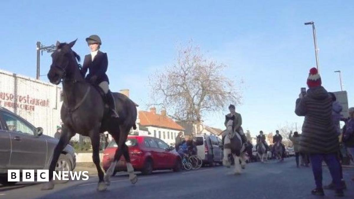 Horses and riders from the Grove and Rufford Hunt setting off on the Boxing Day hunt on 26 December 2025 along Bawtry High Street near Doncaster.