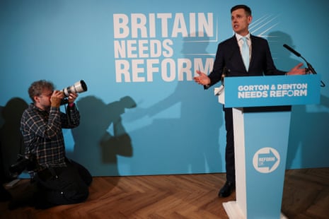 Matt Goodwin being unveiled as Reform UK’s candidate in the Gorton and Denton byelection.