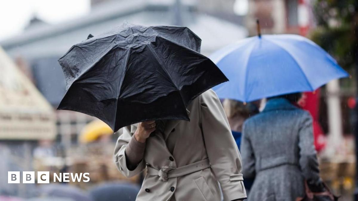 Two people walking in opposite directions along a street, each wearing a grey coat and holding umbrellas with their faces obscured.