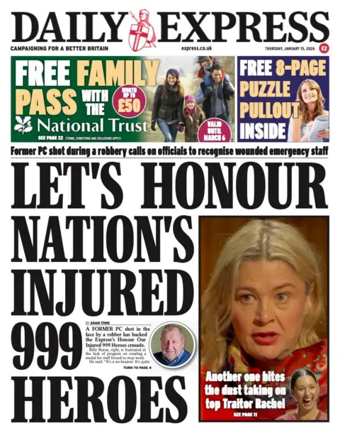 The headline on the front page of the Daily Express reads: "Let's honour nation's injured 999 heroes."