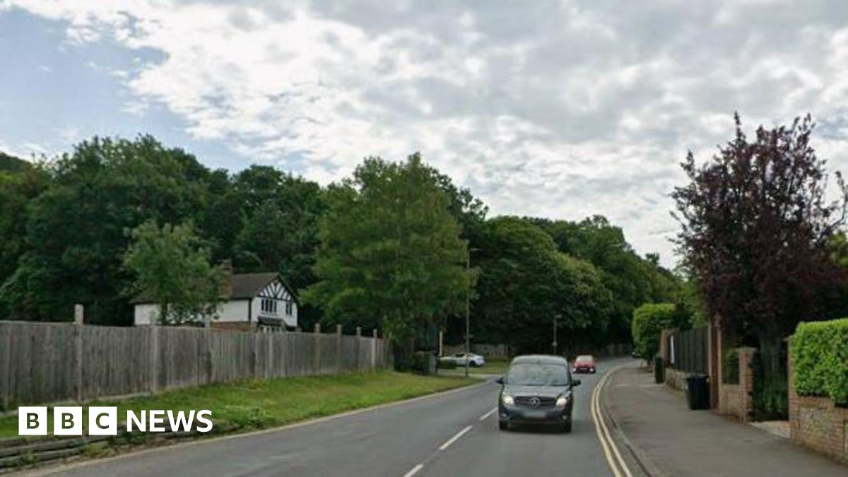 A leafy road with cars driving on it and a white house in the background.