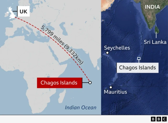 A map of the Chagos Islands shows how far away it is from the UK