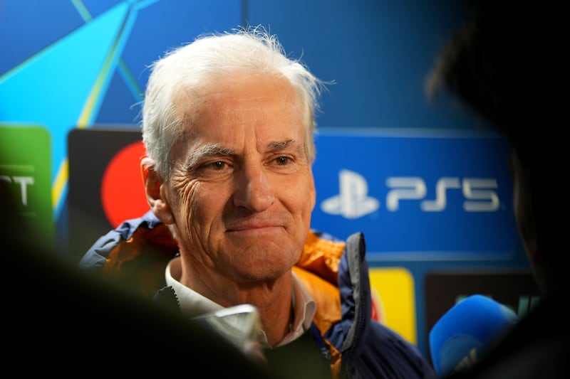 BODO, NORWAY - JANUARY 20: Norway Prime Minister Jonas Gahr Store speaks to the media after the victory of Bodo/Glimt in the UEFA Champions League 2025/26 League Phase MD7 match between FK Bodo/Glimt and Manchester City at Aspmyra Stadion on January 20, 2026 in Bodo, Norway. (Photo by Martin Ole Wold/Getty Images)