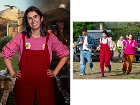 Two photos of Traitors contestant Charlotte in red dungarees from Series 3