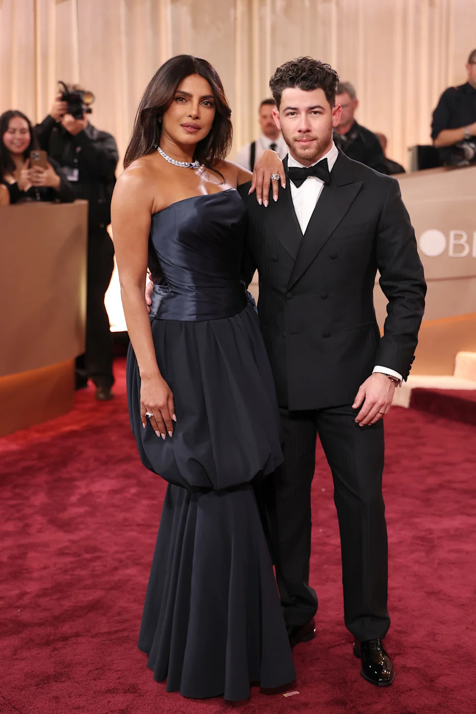 BEVERLY HILLS, CALIFORNIA - JANUARY 11: (FOR EDITORIAL USE ONLY) (L-R) Priyanka Chopra Jonas and Nick Jonas attend the 83rd annual Golden Globe Awards at The Beverly Hilton on January 11, 2026 in Beverly Hills, California. (Photo by Kevin Mazur/Getty Images)