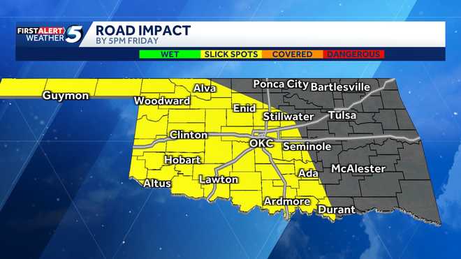 Oklahoma Road Impact Friday, Jan. 23, 2026 oklahoma winter weather projected snow totals