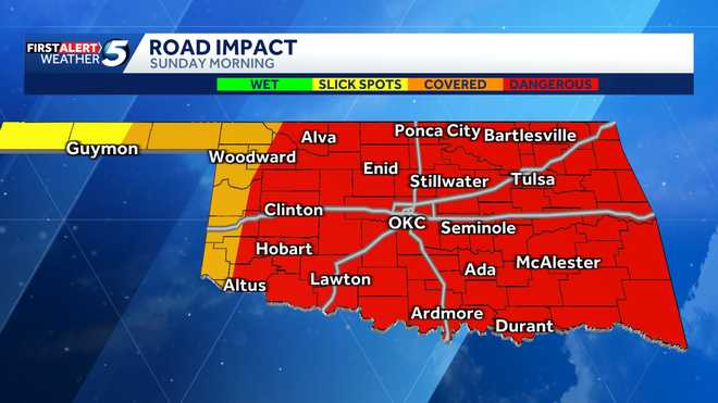 Oklahoma Road Impact Winter Weather Sunday, Jan. 25, 2026 oklahoma winter weather projected snow totals