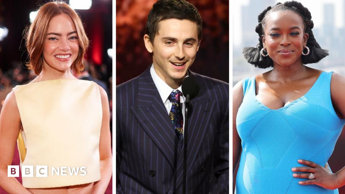 A three way composite image shows left to right: Emma Stone, Timothée Chalamet and Wunmi Mosaku, with each image cropped as a head, shoulders and torso portrait.