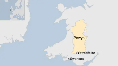 A map showing Ystradfellte in Wales with a small cut-out in the left corner showing its location in wider European map