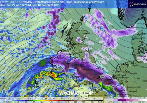 A meteorological map displaying atmospheric pressure patterns and weather fronts over Europe and adjacent regions, rendered with A meteorological map displaying atmospheric pressure patterns and weather fronts over Europe and adjacent regions, rendered with