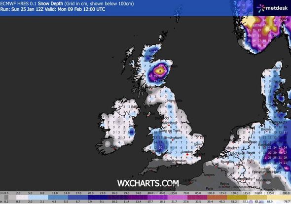 A digital weather map displaying a region, possibly Europe, with various weather patterns indicated by different colors. The map A digital weather map displaying a region, possibly Europe, with various weather patterns indicated by different colors. The map