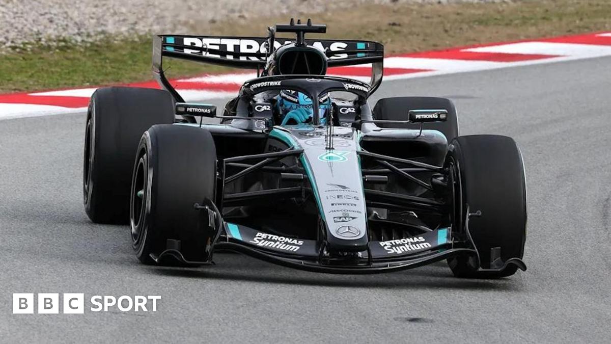 George Russell driving the 2026 Mercedes during Barcelona testing