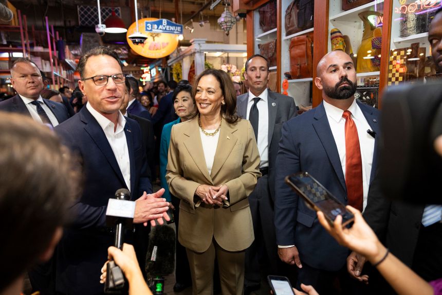 Pennsylvania Gov. Josh Shapiro, left, and Vice President Kamala Harris speak to the press in Philadelphia on July 13, 2024.