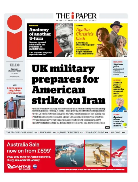 The headline on the front page of the i Paper reads: "UK military prepares for American strike on Iran."