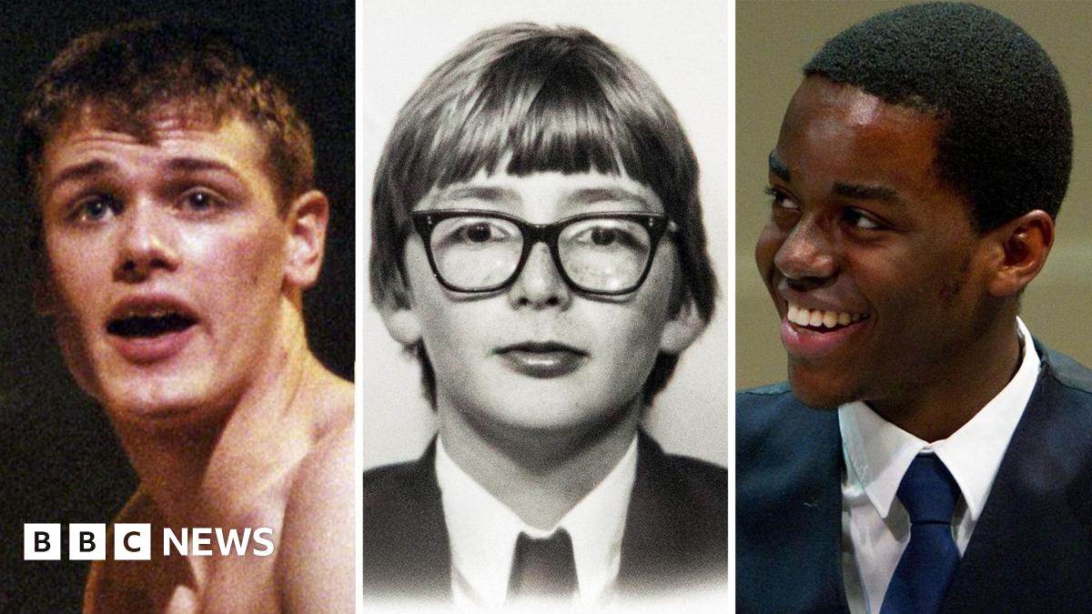 Three side-by-side portraits: the left shows a shirtless person against a dark background, the center is a black-and-white photo of a person wearing a suit and tie, and the right shows a person in a formal suit with a white shirt and dark tie.