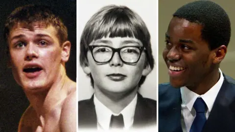 RCS Three side-by-side portraits: the left shows a shirtless person against a dark background, the center is a black-and-white photo of a person wearing a suit and tie, and the right shows a person in a formal suit with a white shirt and dark tie.