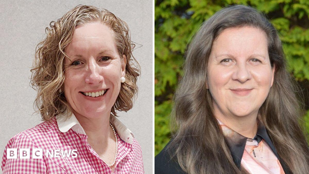 Headshots of Caroline Hiscox and Jann Gardner. The first woman on the left as you look at the image is wearing a pink checked shirt with a white collar - she has shoulder length, blonde wavy hair. The woman on the right has long dark hair. She is wearing a pink blouse and a dark suit jacket.