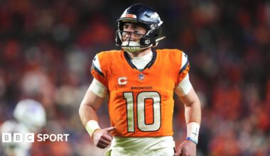 Quarterback Bo Nix jogging on the field as the Denver Broncos beat the Buffalo Bills in the NFL play-offs