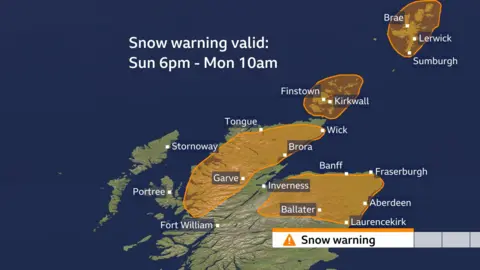 BBC weather warning map with amber alerts in Shetland, Orkney, as well as northern parts of the Highlands and the east.