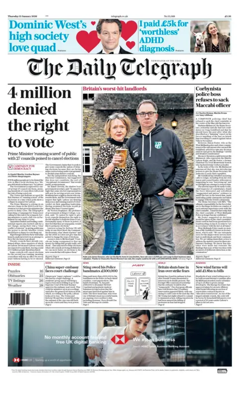 The headline on the front page of the Daily Telegraph reads: "4 million denied the right to vote."