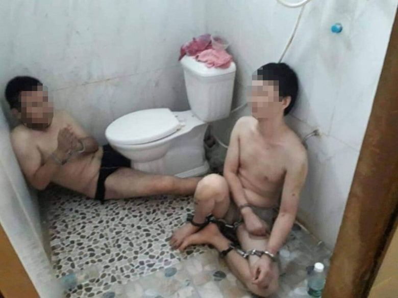 Photos obtained by CNN from Telegram groups used by Cambodia scam networks appear to show detainees restrained inside a compound.