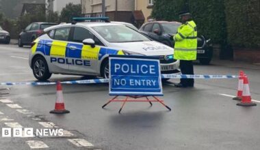 A police car and a police officer by a closed road, with a blue police sign placed on the road. There are red and white traffic cones and tape across the road. Other cars are in the street and a row of houses, to the right. There are also green bushes to the right.