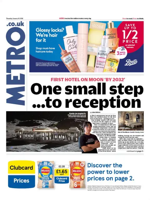The headline on the front page of the Metro reads: "One small step... to reception."