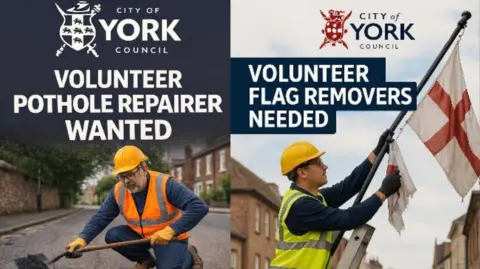 Supplied Two fake City of York Council adverts showing a man filling a pothole and another taking down a St George flag.