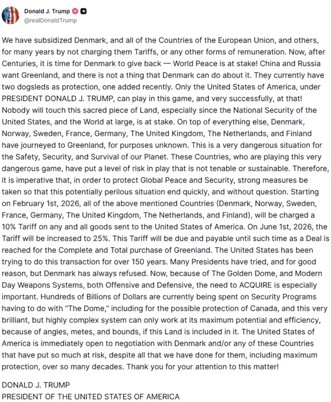 Trump's Truth Social post.