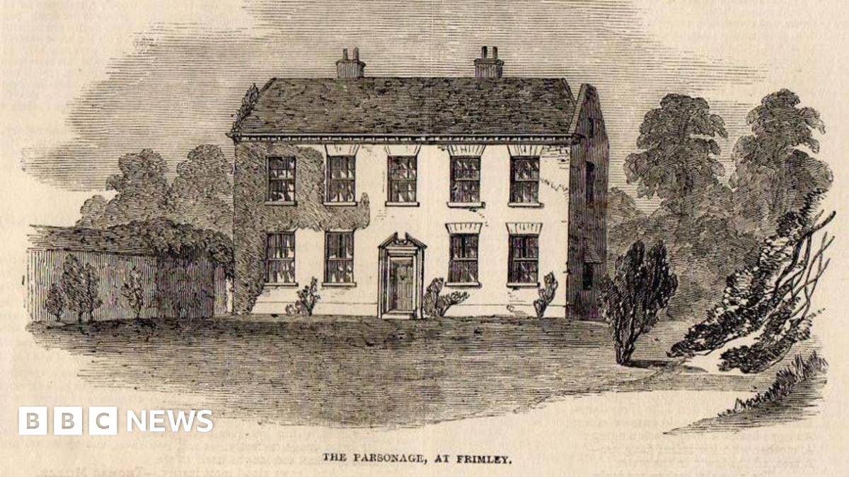 A black and white printed drawing of a large house surrounded by plants and a fence. A caption printed beneath says The Parsonage at Frimley.