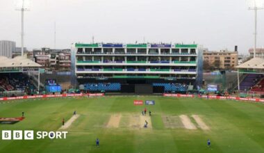 A wide angle of players on the pitch at National Stadium in Karachi