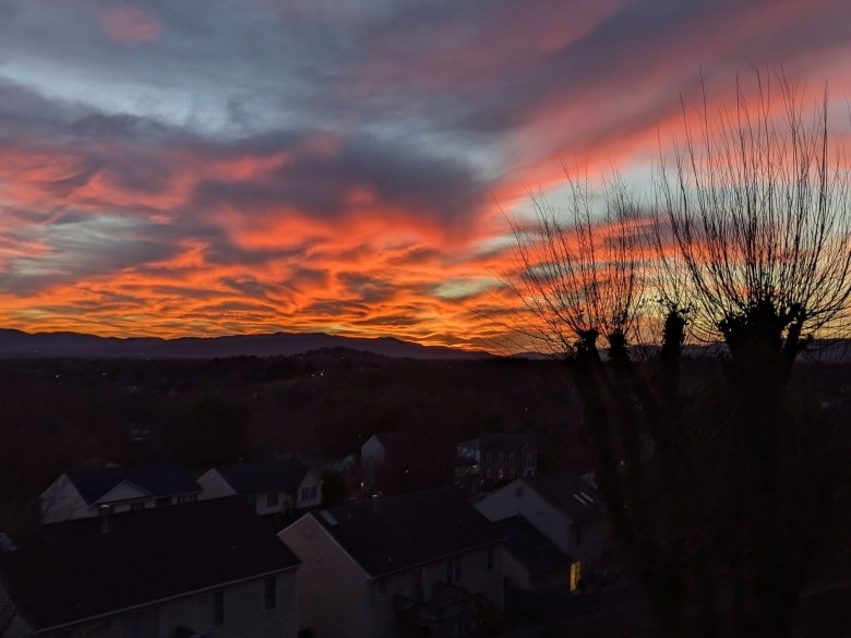 Red-lit clouds paint a sunset over the Roanoke Valley on Tuesday, Dec. 13. Coufrtesy of Beverly Amsler.