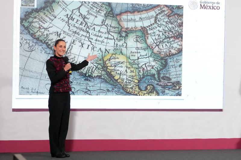 Mexico President Claudia Sheinbaum shows a 1661 world map showing the Americas and the Gulf of Mexico in response to Donald Trump’s comments about renaming the body of water.