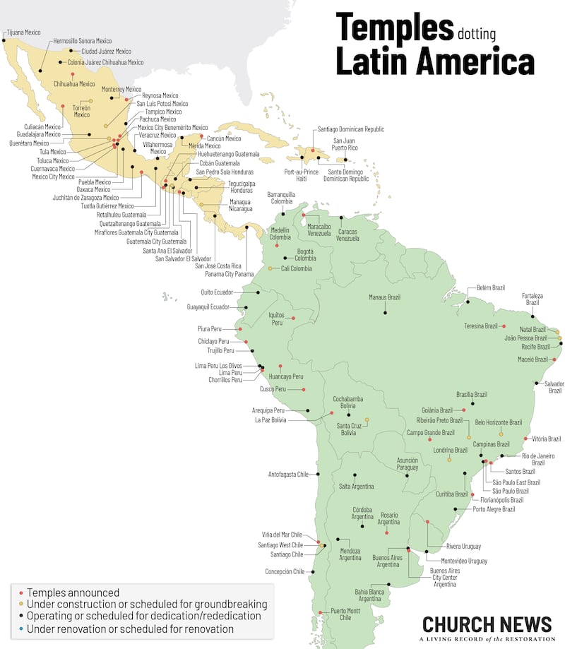 Map showing locations of temples in Mexico, Central America, South America and Caribbean of The Church of Jesus Christ of Latter-day Saints.