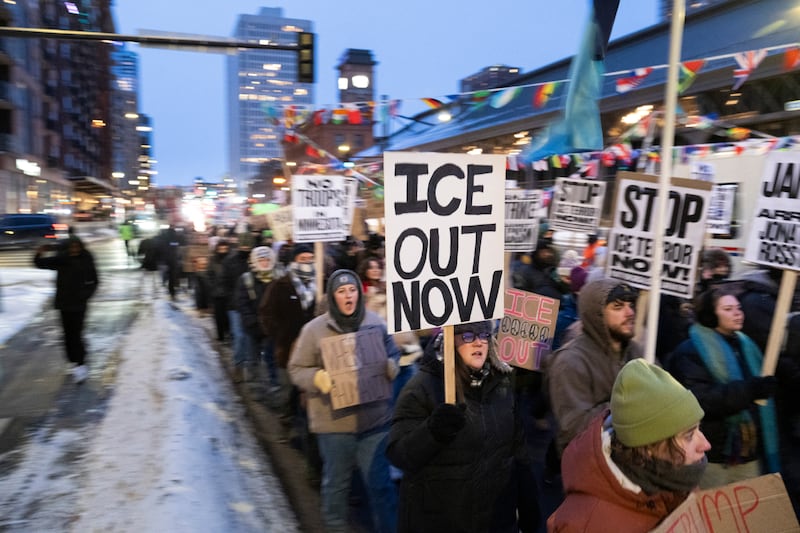 Demonstrators marched through downtown Minneapolis on Tuesday
during the nationwide "Stop ICE Terror" rally.