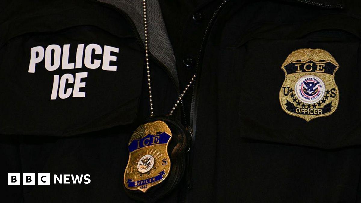 An ICE patch and badge are seen on a Department of Homeland Security agent during remarks delivered by US Vice-President JD Vance  at Royalston Square on January 22, 2026 in Minneapolis, Minnesota.