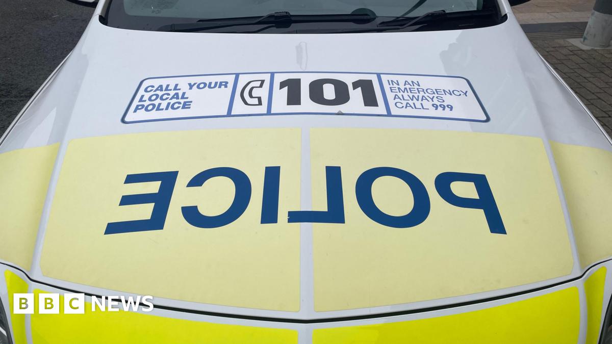The bonnet of a police car. It is yellow and white. It has "police" written in blue block capitals backwards. It also has a large sticker on the bonnet urging people to call 101 or 999.