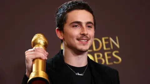 Getty Images Timothée Chalamet wins the Golden Globe for male actor in a musical or comedy film for "Marty Supreme" at the 83rd Annual Golden Globes held at The Beverly Hilton on January 11, 2026 in Beverly Hills, California. 