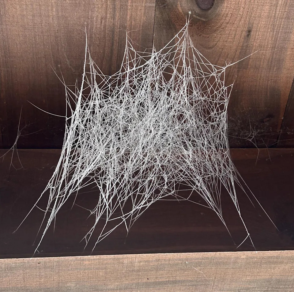 Intricate spider web on a wooden surface, showcasing a complex, delicate pattern